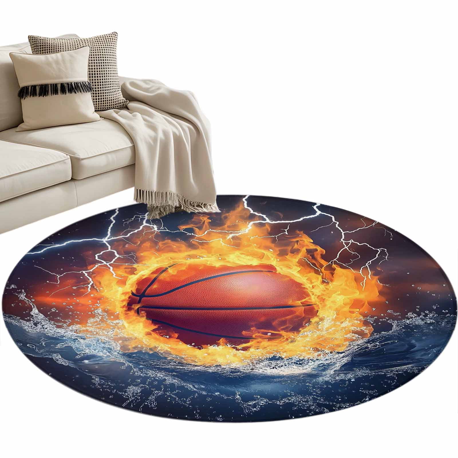 Basketball Round Area Rug 3.3ft Abstract Fire and Water Non-Slip ...