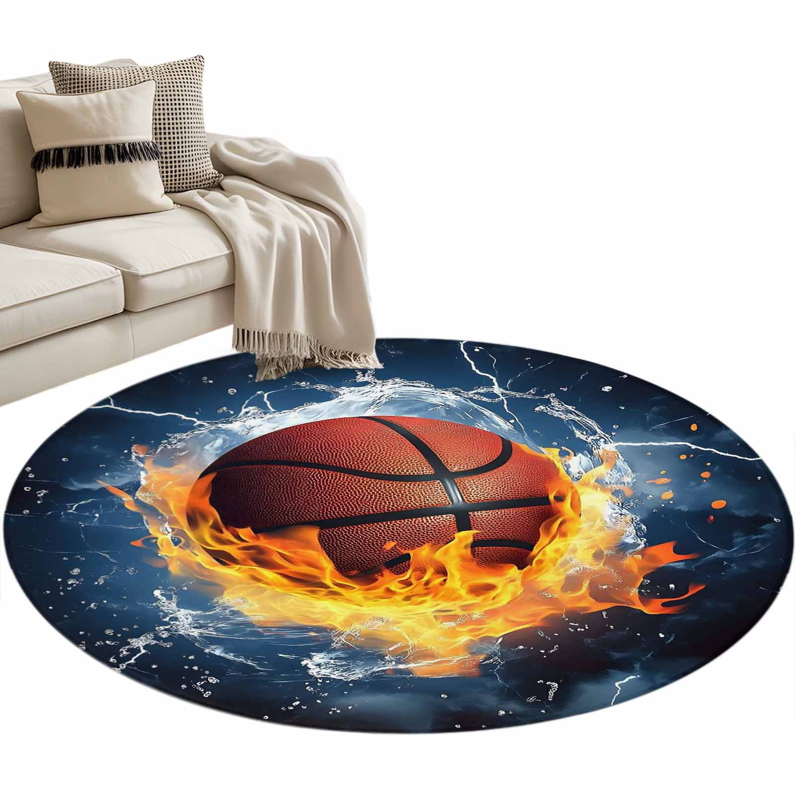 Water Rug Round Basketball Round Area Rug 4ft Fire and Water Lightning Impact Non-Slip ...
