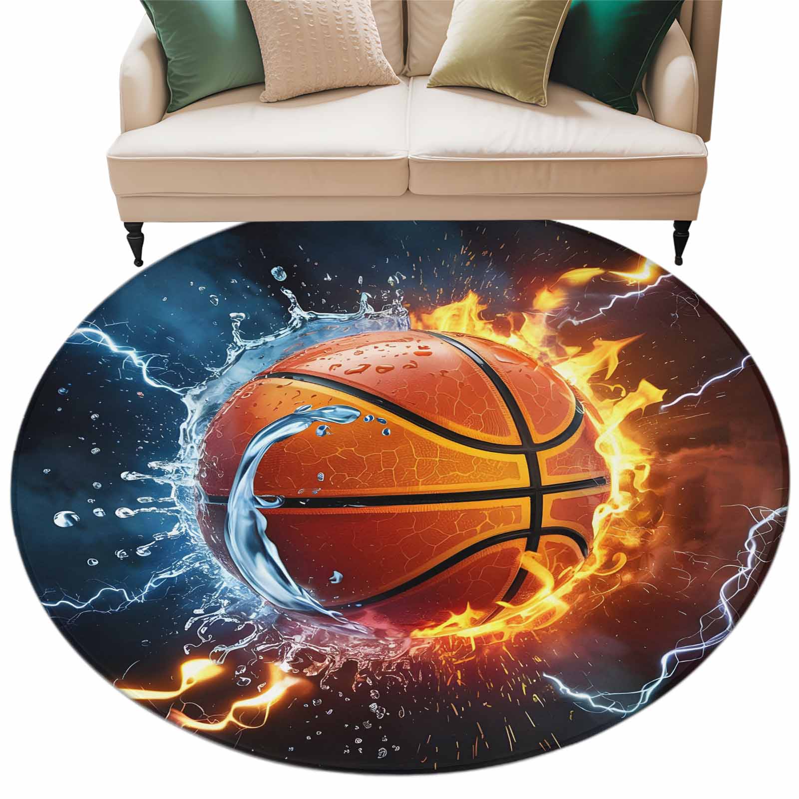 Basketball Round Area Rug 5ft Fire and Water Lightning Impact Non-Slip ...