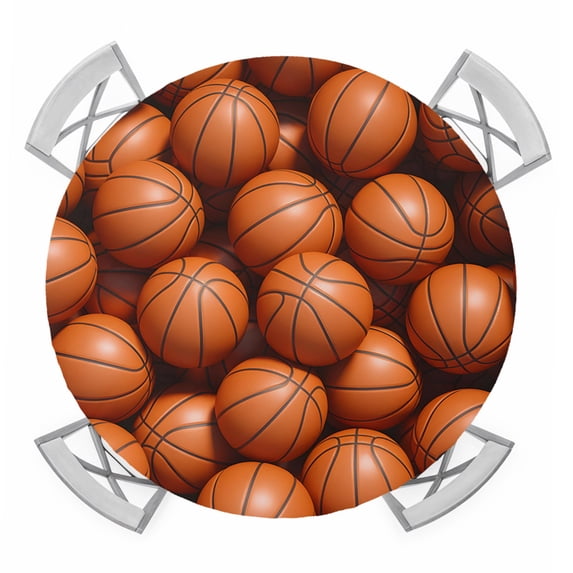 Basketball Round Tablecloth for 36-44 Inch Tables, Fitted Table Cover with Elastic Edge, Sports Brown Basketball Waterproof Outdoor Table Cloth Protector for Patio Garden Dinner Picnic