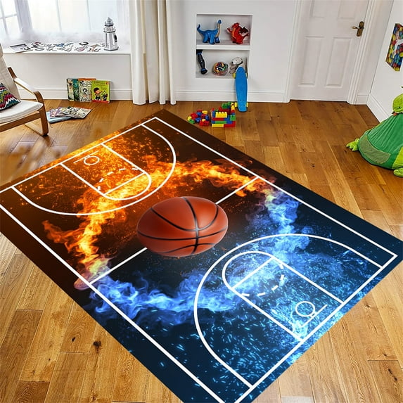 Basketball Rug for Bedroom 3'x5' Non Slip Basketball Court Rug,Fire Printed Sports Rug for Living Room Basketball Room Decor