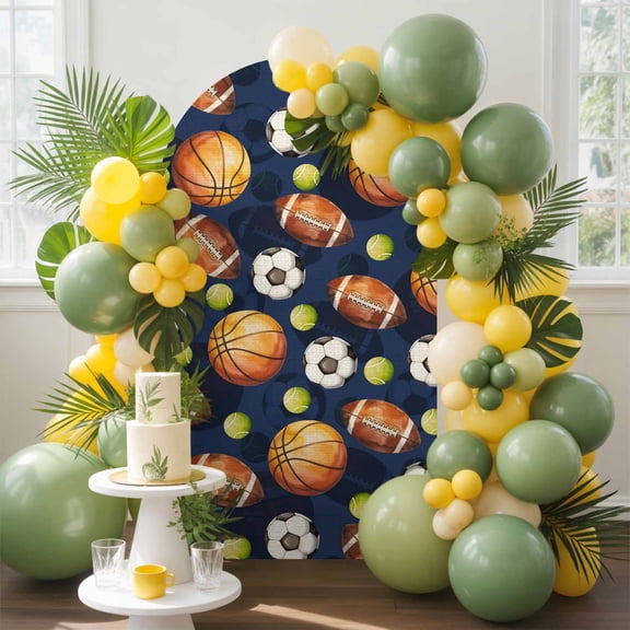 Basketball Rugby Arch Backdrop Cover, 4FT, Soccer Tennis Brown Ball Sport Abstract Blue Spandex Arch Covers Double-Sided Backdrop for Wedding Birthday Party Photo Background Decoration