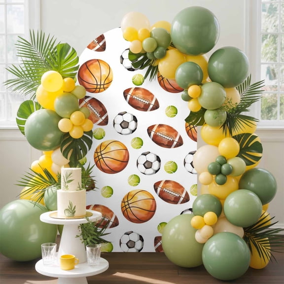 Basketball Rugby Arch Backdrop Cover, 4FT, Soccer Tennis Brown Ball Sport Abstract Spandex Arch Covers Double-Sided Backdrop for Wedding Birthday Party Photo Background Decoration