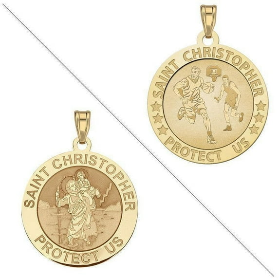 Basketball - Saint Christopher Doubledside Sports Religious Medal 1 Inch Solid 14K Yellow Gold