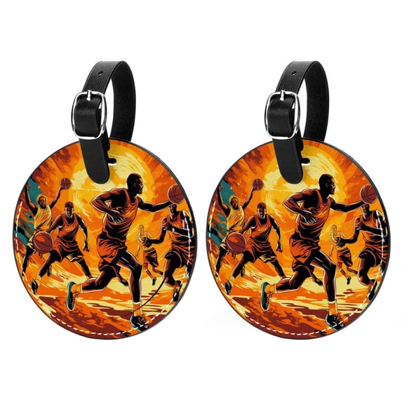 Basketball Set of 2pcs PU Leather Round Suitcase Tags with Privacy Cover and Name ID Tag - Ideal for Travel Luggage, Handbags, Backpacks, School Bags