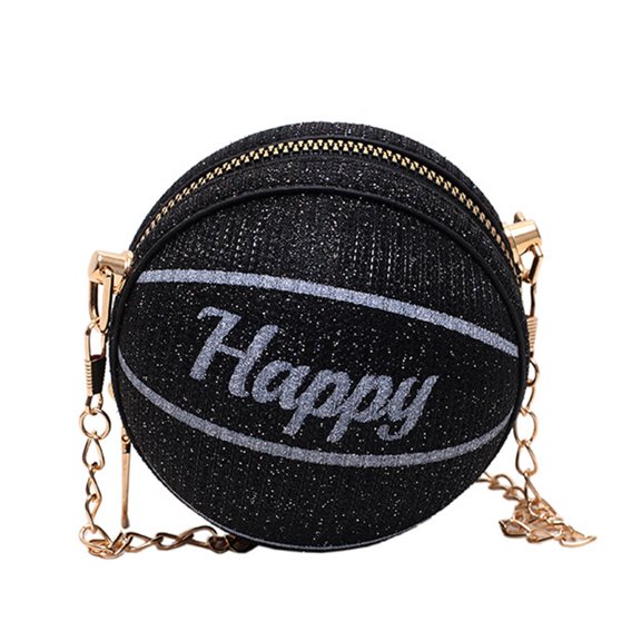 Basketball Shaped Bag with Removable Chain Novelty Satchel for Work Shopping Black