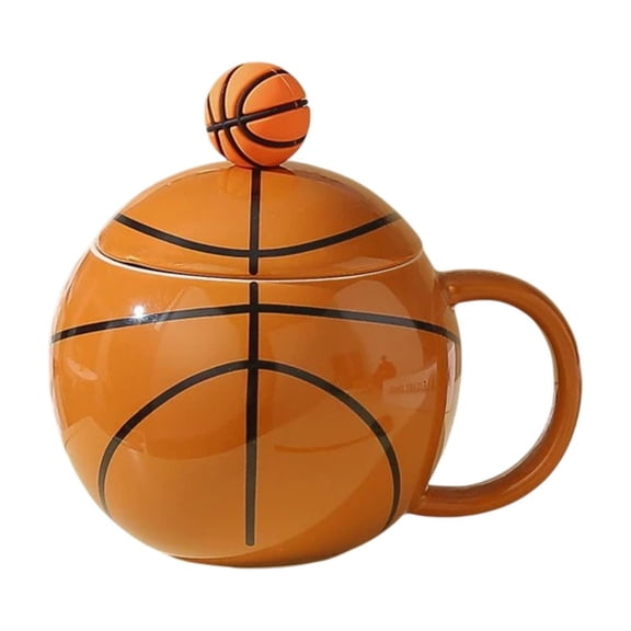 Basketball-Shaped Ceramic Mug – Creative Sports Theme Coffee Cup with Lid, Gifts for Ball Fans, Sports Lovers, Home, Office and Birthday, Orange