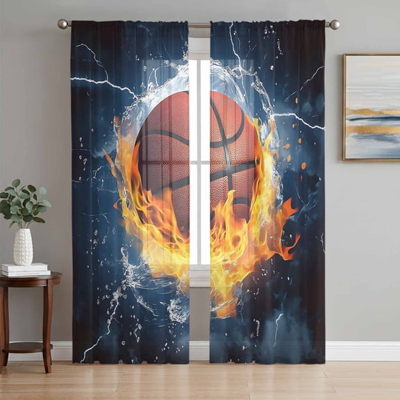 Basketball Sheer Curtains 84 Inch Length 2 Panels Set, Blue Red Water Fire Splashing Voile Window Treatment Rod Pocket Curtains Sheers Drapes for Bedroom/Living Room/Kitchen 52"x84"x2