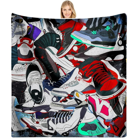Basketball Shoes Blanket for Boys, Sneaker Gift Blanket for Son Kids, Soft Cozy Warm Flannel Fleece Blanket, Decorative for Sofa Couch Chair Bed Living Room 60x50inch