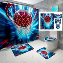 Basketball Shower Curtain Sets - 4PCS Sports Shower Curtain for Boys Bathroom Set Boys Flaming Basketball Shower Curtain Bathroom Set with Rug, Toilet Cover and Bath Mat, 12 Hooks