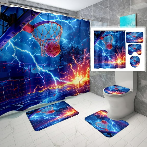Football Shower Curtain Sets - 4PCS Sports Shower Curtain Set for Boys Bathroom Decor Bathroom Set with Football Shower Curtain and Rugs, Toilet Cover and Bath Mat, 12 Hooks