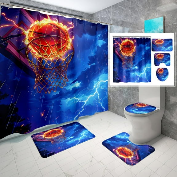 Basketball Shower Curtain Sets - 4PCS Sports Shower Curtain for Boys Bathroom Set Boys Flaming Basketball Shower Curtain Bathroom Set with Rug, Toilet Cover and Bath Mat, 12 Hooks