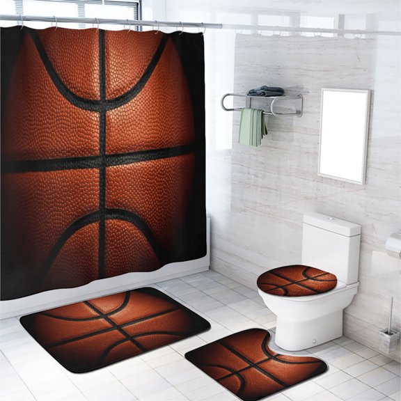 Basketball Shower Curtain Set Sports Themed Ball Closeup Bathroom Sets Decor Accessories Bathroom Shower Curtains Set with Non-Slip Rug Toilet Lid Cover Bath Mat and 12 Hooks, 72x72 Inch