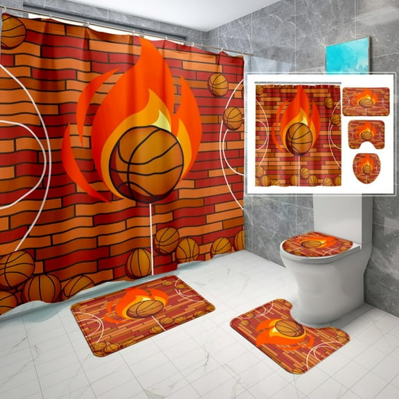 Basketball Shower Curtain Sets - 4PCS Sports Shower Curtain for Boys Bathroom Set Boys Flaming Basketball Shower Curtain Bathroom Set with Rug, Toilet Cover and Bath Mat, 12 Hooks