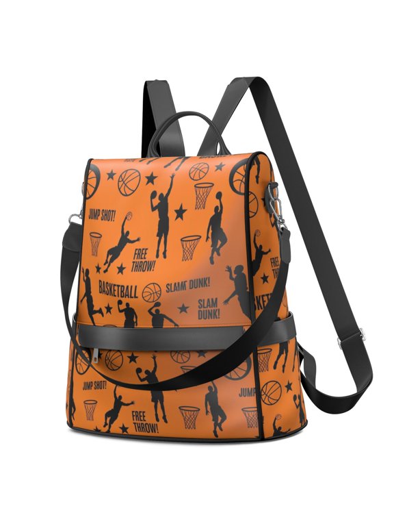 Basketball and Silhouette Orange Fashion Backpack, Fashion Handbag Backpack with Side Bottle Pockets & Convertible Strap, Large Capacity Gifts for Birthday Christmas Thanksgiving