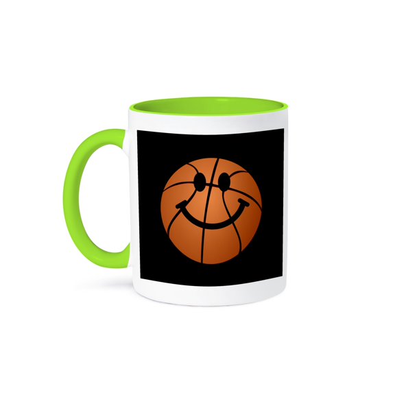 3dRose, Basketball smiling face - Orange basket ball happy cartoon on black - for sporty sport fans - sports, 11oz Two-Tone Green Mug