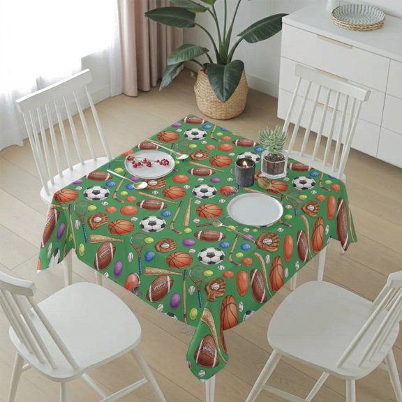 Basketball Soccer Baseball Football Table Cloth 54x54in, Waterproof Square Tablecloth Wipeable Tablecloths Green Background Table Covers for Dining Tables Party Indoor Outdoor