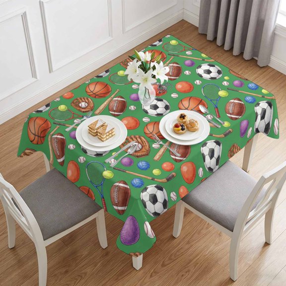 Basketball Soccer Baseball Football Table Cloth 60x84in, Waterproof Rectangle Tablecloth Wipeable Tablecloths Green Background Table Covers for Dining Tables Party Indoor Outdoor