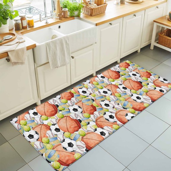 Basketball Soccer Baseball Rectangle Rug 2'x6' Multi Sport Balls Washable Area Rugs for Living Room Bedroom Entryway Non Slip Entrance Door Mat Indoor Floor Carpet