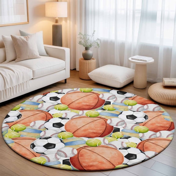 Basketball Soccer Baseball Round Rug 5ft Multi Sport Balls Washable Area Rugs for Living Room Bedroom Entryway Non Slip Entrance Door Mat Indoor Floor Carpet