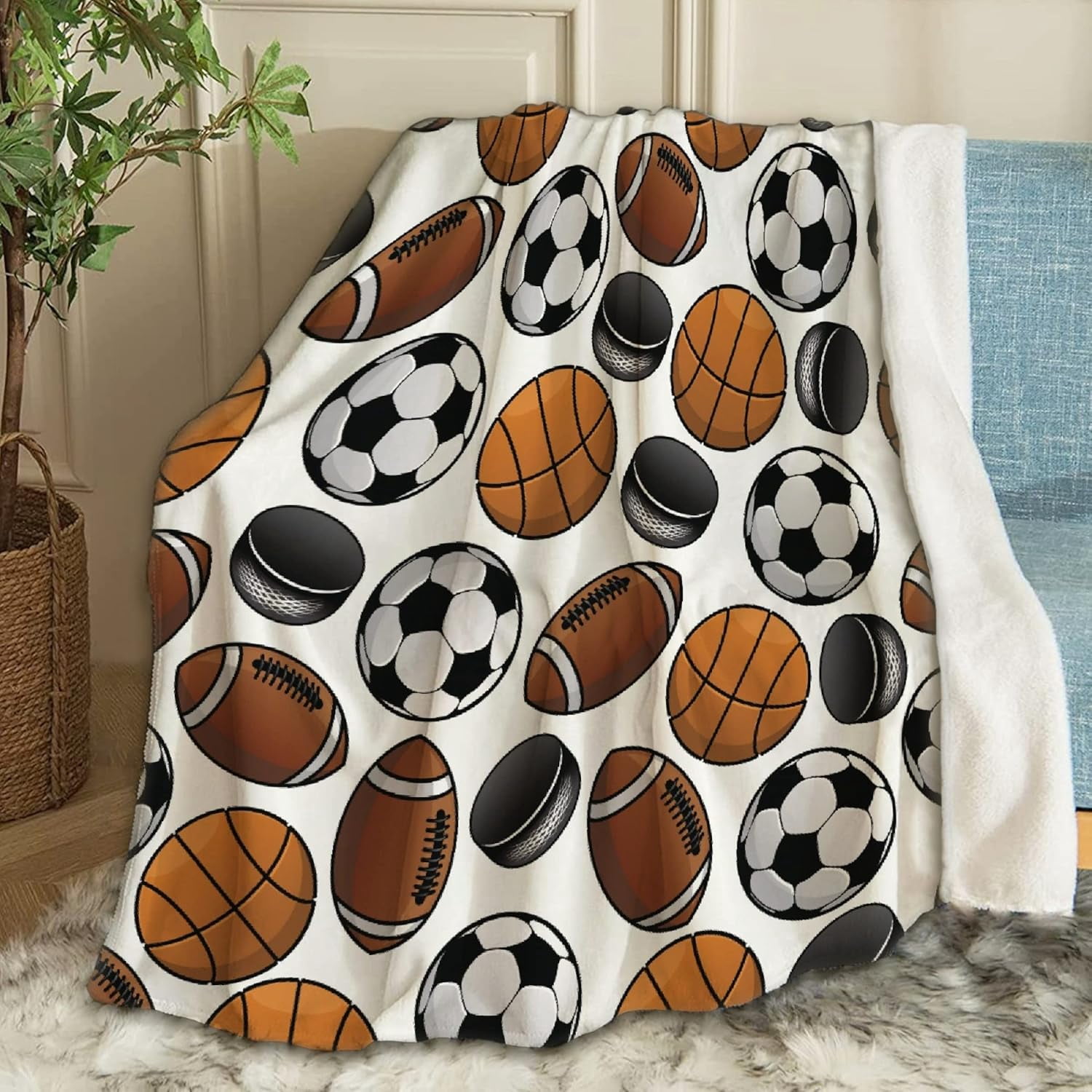 Basketball Soccer Print Blanket Gifts Plush Fuzzy Cozy Soft Lightweight Blankets for Couch Air-Conditioning Quilts Decor Blanket for Chirstmas Birthday 50"x40" for Kids