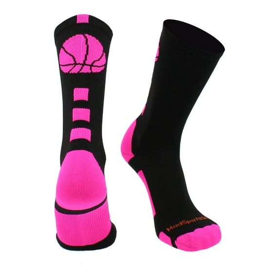 MadSportsStuff Basketball Socks for Boys Girls - Youth & Adult Athletic Crew Socks - Cushioned Moisture Wicking - X-Small, Black/Hot Pink