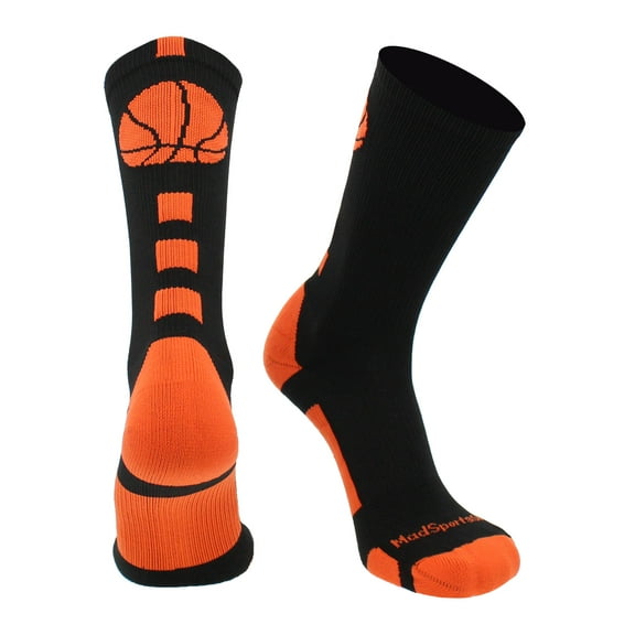 MadSportsStuff Basketball Socks for Boys Girls - Youth & Adult Athletic Crew Socks - Cushioned Moisture Wicking - Medium, Black/Orange