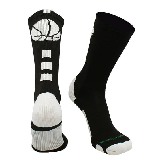 MadSportsStuff Basketball Socks for Boys Girls - Youth & Adult Athletic Crew Socks - Cushioned Moisture Wicking - Large, Black/White