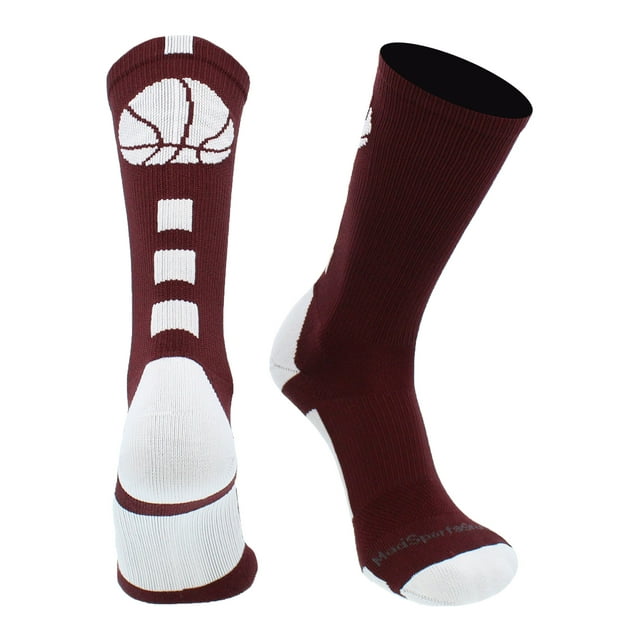 Basketball Socks with Basketball Logo Crew Socks (Maroon/White, Small