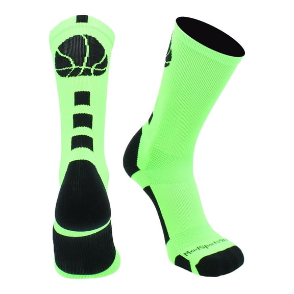 MadSportsStuff Basketball Socks for Boys Girls - Youth & Adult Athletic Crew Socks - Cushioned Moisture Wicking - Large, Neon Green/Black