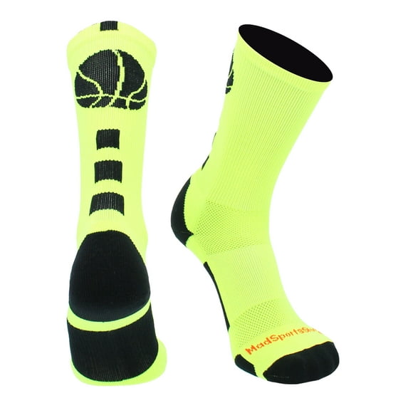 MadSportsStuff Basketball Socks for Boys Girls - Youth & Adult Athletic Crew Socks - Cushioned Moisture Wicking - Medium, Neon Yellow/Black