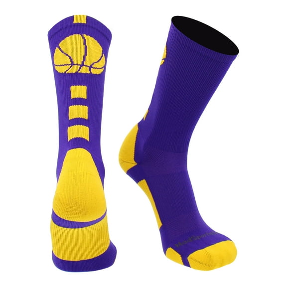 MadSportsStuff Basketball Socks for Boys Girls - Youth & Adult Athletic Crew Socks - Cushioned Moisture Wicking - Small, Purple/Gold