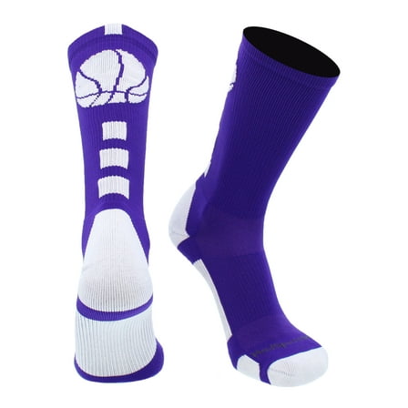 MadSportsStuff Basketball Socks for Boys Girls - Youth & Adult Athletic Crew Socks - Cushioned Moisture Wicking - Large, Purple/White