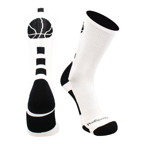 MadSportsStuff Basketball Socks for Boys Girls - Youth & Adult Athletic Crew Socks - Cushioned Moisture Wicking - Large, White/Black
