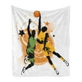 thumbnail image 1 of Basketball Soft Flannel Fleece Blanket, Image of 2 Basketball Players in a Heated Game Rings Stars in the Background, Cozy Plush for Indoor and Outdoor Use, 70" x 90", Orange Green, by Ambesonne, 1 of 6