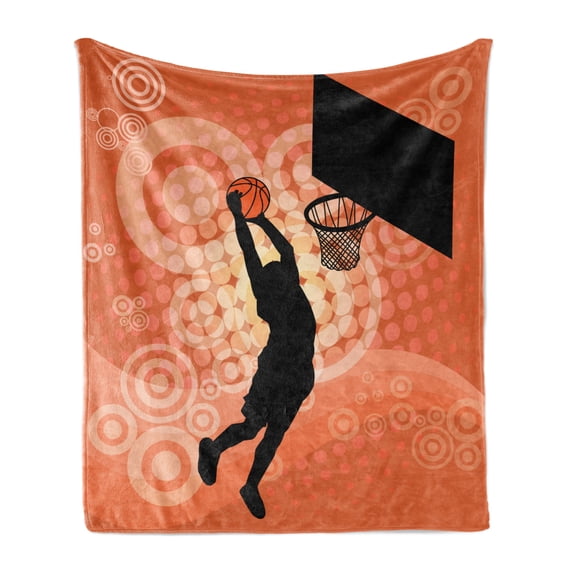 Basketball Soft Flannel Fleece Blanket, Basketball Player Silhouette Athlete Competition Championship Promotion, Cozy Plush for Indoor and Outdoor Use, 50" x 60", Pale Orange Black, by Ambesonne