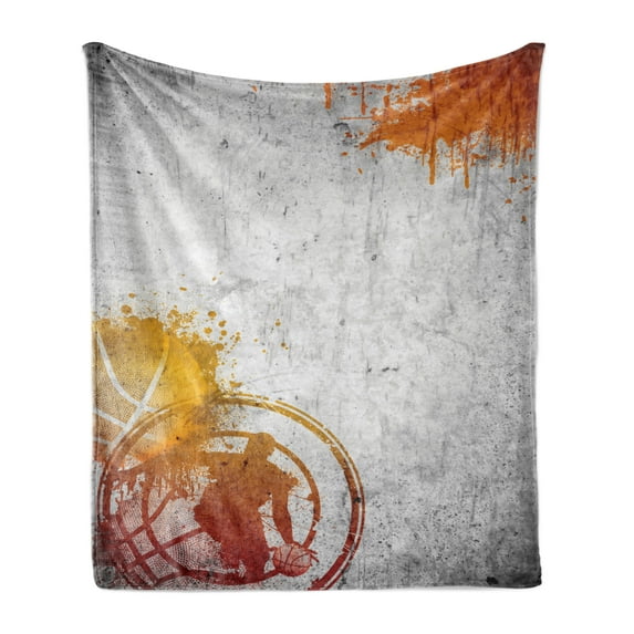 Basketball Soft Flannel Fleece Blanket, Basketball Streetball and Paint Stains Image on Concrete Wall Rustic Print, Cozy Plush for Indoor and Outdoor Use, 50" x 60", Charcoal Orange, by Ambesonne