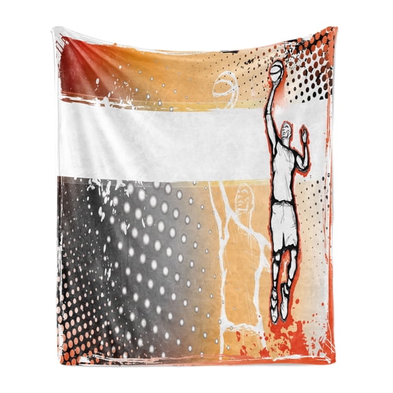 Basketball Soft Flannel Fleece Throw Blanket, Basketball Player in the Middle of Game Dotted Background Doodle Style Art, Cozy Plush for Indoor and Outdoor Use, 50" x 70", Orange Black, by Ambesonne