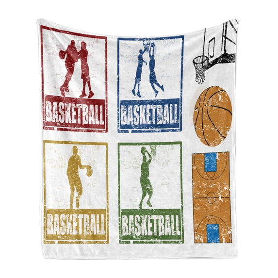 Basketball Soft Flannel Fleece Throw Blanket, Vintage Style Rubber Stamp Design Print Illustration Basketball Players, Cozy Plush for Indoor and Outdoor Use, 70" x 90", Navy Green Red, by Ambesonne