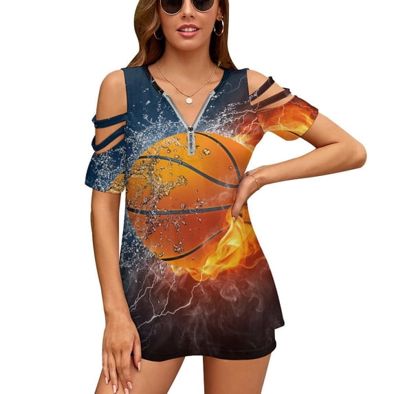 Basketball Sport Ball Womens Summer V Neck Zipper Top Short Sleeve T Shirt Off Shoulder Top Casual Classy Loose Shirts