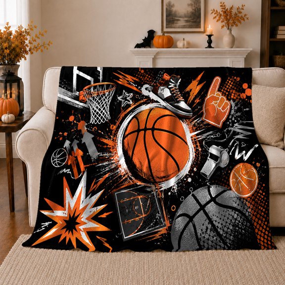 Basketball Sport Theme Graffiti Art Energetic Fan Culture, Festive Holiday Scene, Warm Flannel Blanket for Living Room and Family Room, Art Lovers Housewarming Gift, Festive Home Decor