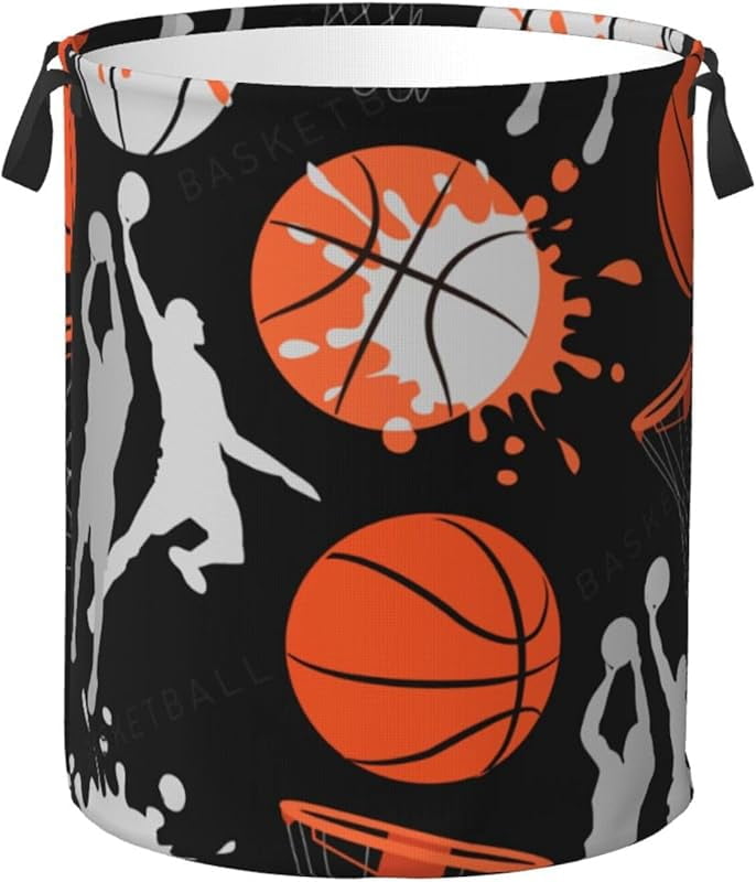 Basketball Sport Theme Laundry Hamper Bag With Waterproof Liner - Round Laundry Basket Foldable Clothes Storage Organizer For Bathroom Bedroom Nursery Dorm