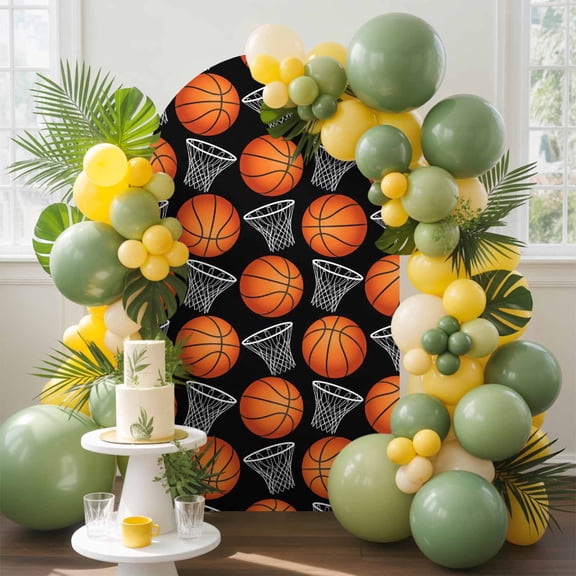 Basketball Sports Arch Backdrop Cover, 4FT, Orange Basketball and Hoop Modern Black Spandex Arch Covers Double-Sided Backdrop for Wedding Birthday Party Photo Background Decoration
