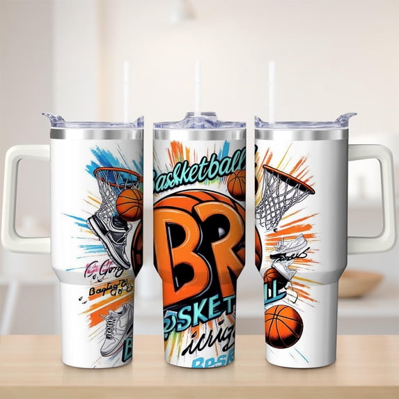 Basketball Sports Design Stainless Steel Insulated Mug with Lid and ...