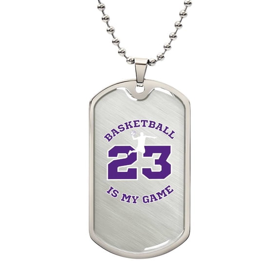 Basketball Sports Necklace I Jersey Design No. 23 I Personalized Sports Jewelry - Graphic Military Dog Tag Necklace (Optional Personalized Engraving)