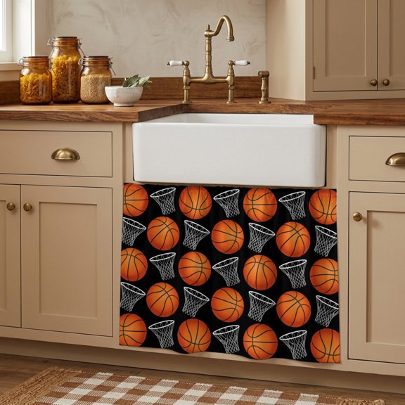 Basketball Sports Small Cabinet Curtains 10"W x 11"L, Modern Minimalist Grey Basket Hoop Sink Skirt Dust-Proof Short Curtain for Bathroom Vanity Storage Cubby Desk, Self Adhesive Privacy Drapes