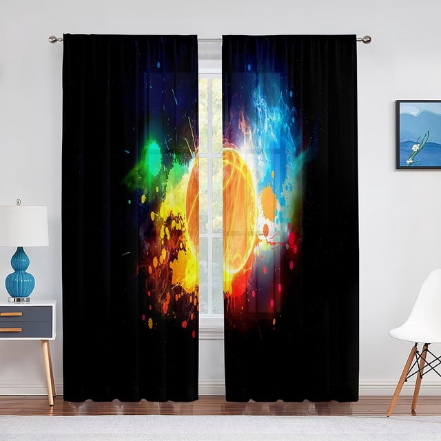 Basketball Sports Theme Sheer Voile Curtain for Teen Boys Men Bedroom