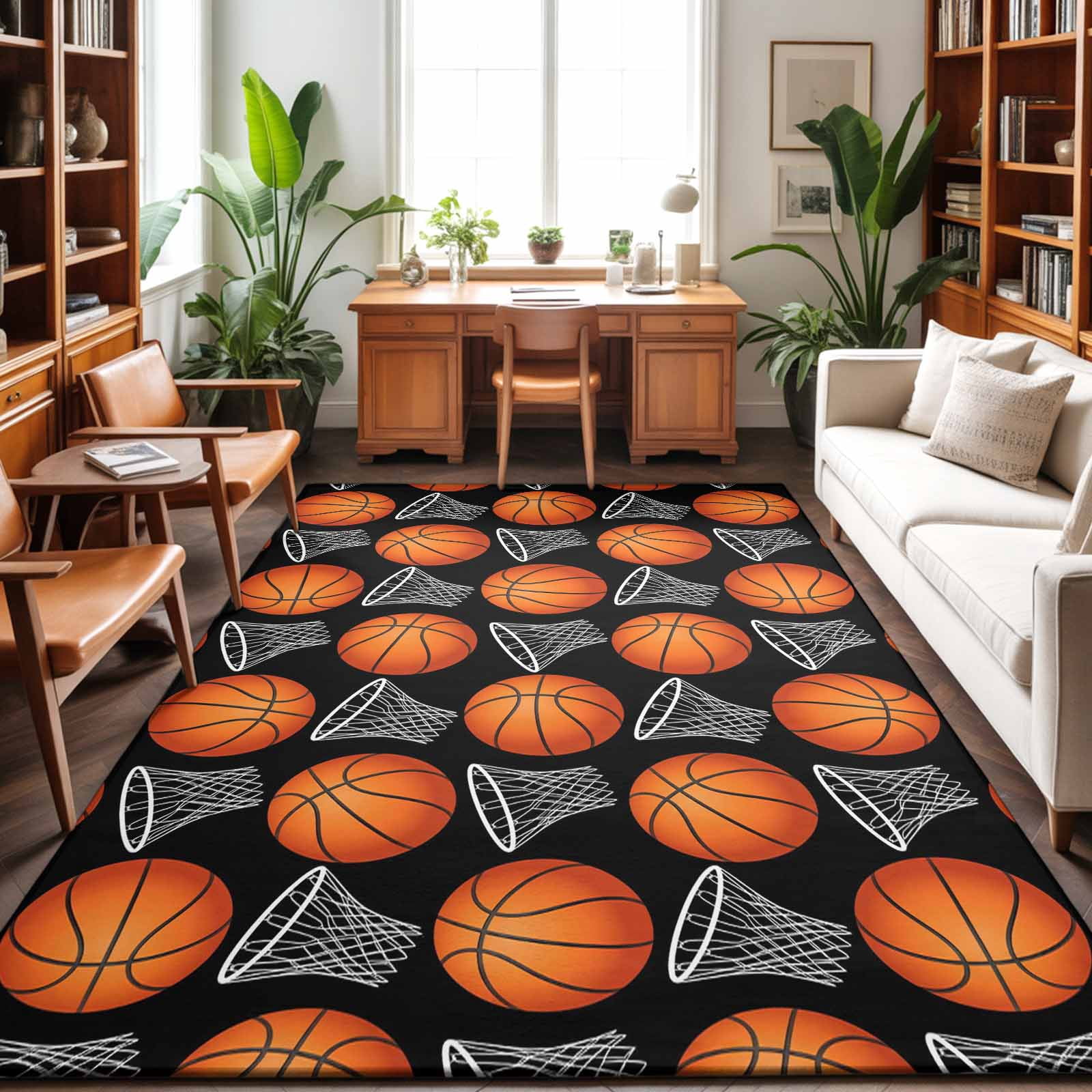 Basketball Sports Washable Area Rug 2.7 x 5 ft Orange Basketball and ...