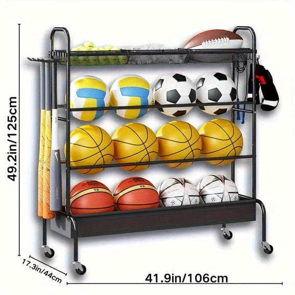 Garage Sports Equipment Storage 4-Tier Ball Organizer with 3 Nets & Wheels Rolling Basketball Football Volleyball Training Rack Black