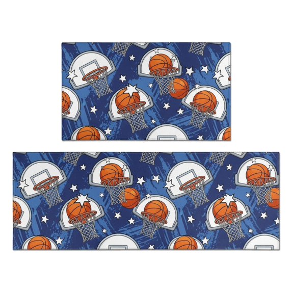 Basketball and Star Blue Pattern Anti Fatigue Kitchen Rugs Set Of 2, Non Slip Washable Decorative Floor Mats for Kitchen Sink Laundry, 17"x30" and 17"x47"